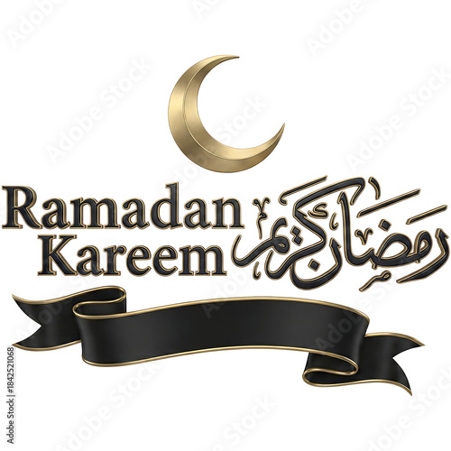 3D Ramadan Kareem Greeting Text with Golden Crescent Moon and Black Banner