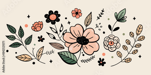 Whimsical floral border with delicate hand-drawn blossoms and leaves