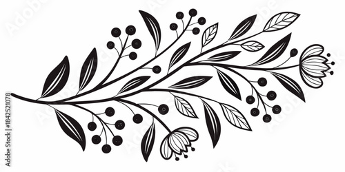 Elegant black and white floral branch with berries and leaves, perfect for decoration.