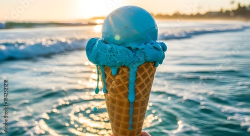 Blue ice cream cone melting on a beach at sunset