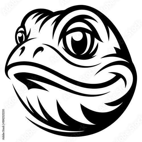 Intense black and white illustration of a stylized frog's face with a determined expression.