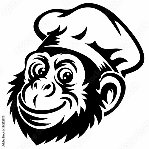 Whimsical monkey chef with a big smile and toque, ready to cook up some fun.