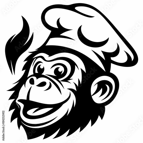Playful chimpanzee chef with a big smile and a chef's hat, ready to cook up some fun.