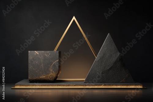 Abstract geometric composition with black stone and gold accents