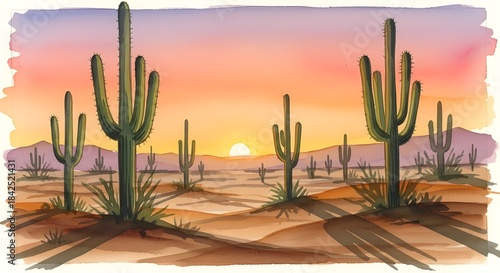 Watercolor desert sunset with saguaro cacti and mountains