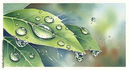 Close up of fresh green leaves with glistening raindrops