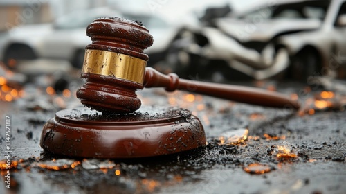 Crashed cars and a gavel symbolize legal issues in vehicle insurance claims
