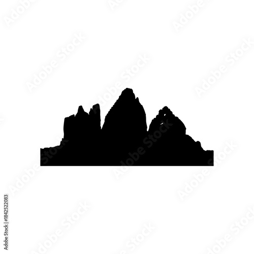 Black silhouette illustration of a rugged mountain range with jagged peaks against a white background isolated on transparent background