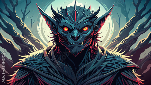 Very beautiful spooky depiction of a shadow-like creature from folklore, featuring dramatic silhouette, eerie posture, subtle textures, and clean vector composition ideal for fantasy and mythical conc