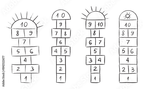 Hopscotch game drawn with chalk on asphalt playground. Street activity for children with numbered squares, outdoor fun and classic schoolyard recreation. Childhood play vector illustration design.