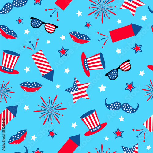 USA patriotic seamless pattern. 4th of July traditional background.  Hats and fireworks backdrop. Vector template for fabric, textile, wallpaper, wrapping paper, etc.