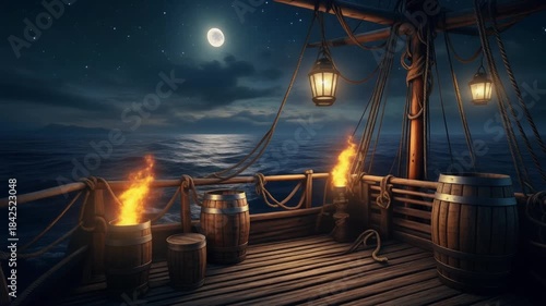 Historic wooden ship deck sailing at night under a full moon with burning barrels and illuminated lanterns on the ocean.