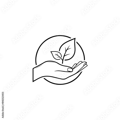 A simple line art illustration of a hand carefully supporting a small plant, representing environmental care and growth isolated on transparent background