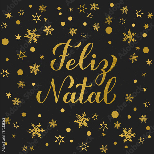 Feliz Natal glitter textured lettering gold snowflakes, stars and dots on black background. Merry Christmas typography poster in Portuguese. Vector template for greeting card, banner, flyer, etc.
