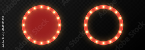 A set of red illuminated round retro signs. Retro sign or frame with PNG lights.