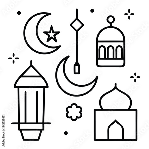 Collection of islamic ramadan symbols including a lantern moon and stars isolated on white background