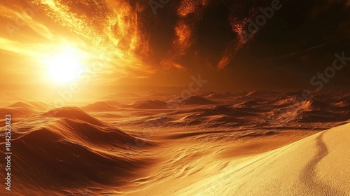 Fototapeta Naklejka Na Ścianę i Meble -  Desert landscape illuminated by intense sunset with golden-red sand dunes, scattered rocky formations, and dramatic clouds glowing from low sun on horizon, casting long shadows. Generative by AI