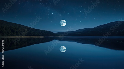 Full moon reflected clearly in still lake under star-filled night sky, surrounded by dark mountains and shoreline, stars scattered above horizon line with fading twilight glow. Generative by AI