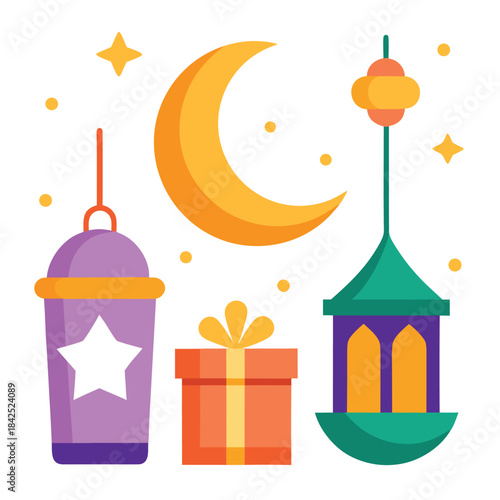 Eid celebration vector pack with presents and lanterns isolated on white background