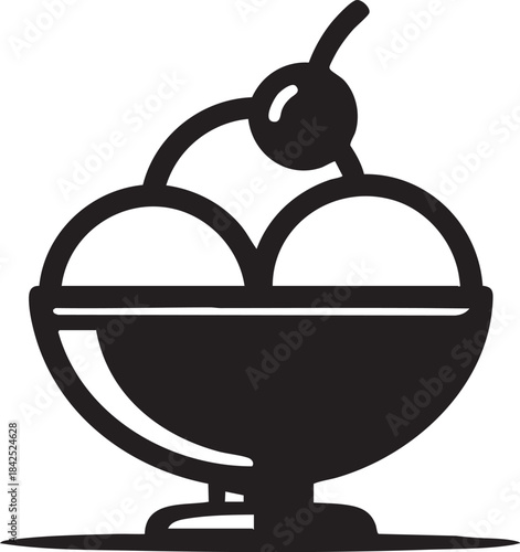 Ice Cream Sundae Silhouette – Black Line Vector Illustration of Three-Scoop Dessert with Cherry on Top