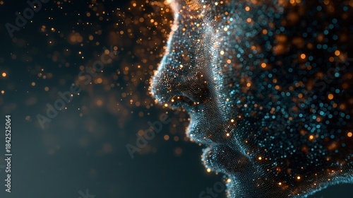 Mind Spark: An artistic visualization of a profile formed by glowing particles, embodying the essence of thought and inner self, a visual representation of consciousness.