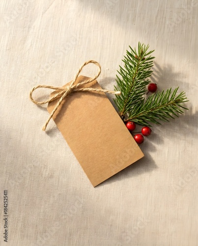 Christmas Gift Tag with Pine and Berries — Rustic Holiday Decoration
