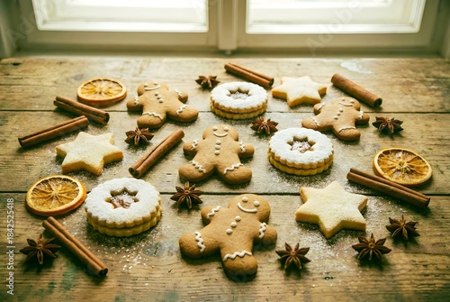 Gingerbread Christmas Cookies with Spices and Holiday Baking Setup