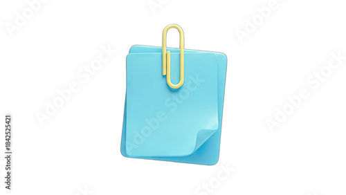 3D Rendered Blue Sticky Notes with Yellow Paperclip on White Background