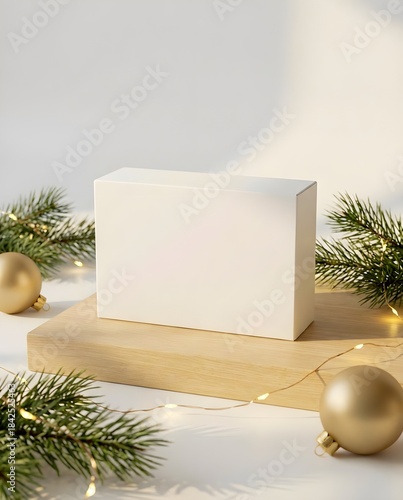 Christmas Product Mockup with Rectangular Stand and Holiday Decorations