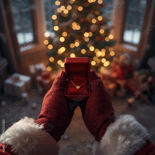 christmas stocking with gifts on red background