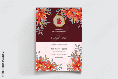 WEDDING INVITATION FRAME WITH FLOWER DECORATIONS AND FRESH LEAVES