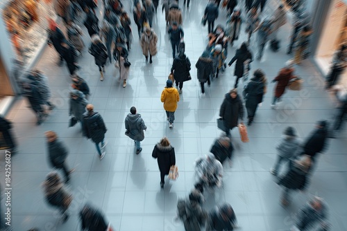 A blurred overhead view of people walking in a public space