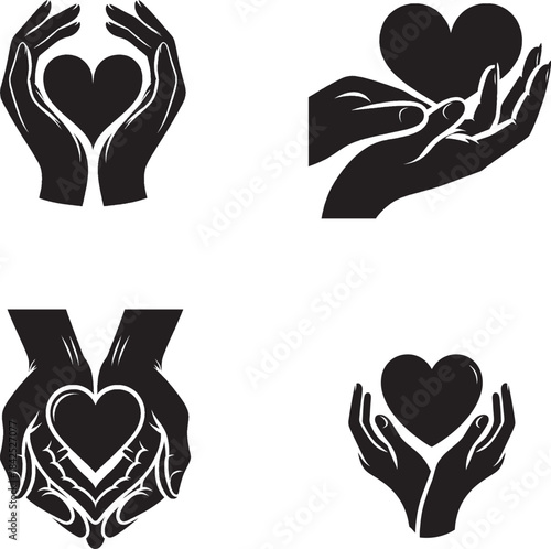 Hands Holding Heart Symbol – Black and White Compassion Vector Set