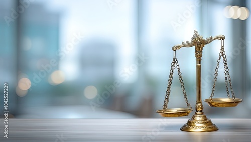 Ornate brass scales of justice rest on a wooden surface, blurred background