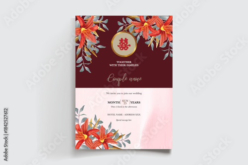 WEDDING INVITATION FRAME WITH FLOWER DECORATIONS AND FRESH LEAVES