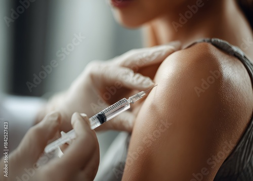 Woman receiving vaccine injection in upper arm during medical treatment