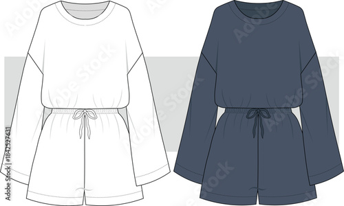 Women's Bell Sleeve Short Jumpsuit technical fashion drawing, Illustration. Relaxed fit jumpsuit vector. Front view, CAD, Mockup.