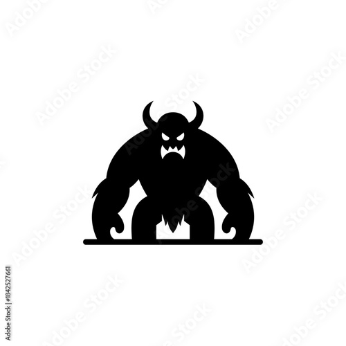 A bold black silhouette of a muscular horned monster with sharp claws and menacing expression