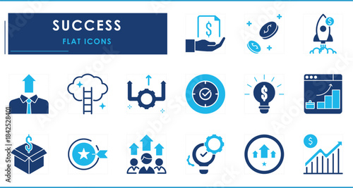 A set of flat icons related to Success. Dollar, earn, income, worth, value, promotion, level, increase, idea, innovate, and so on.