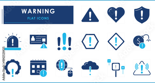 A set of flat icons related to Warning. Alert, warn, sign, emergency, risk, danger, deadline, immediate, fake, and so on.