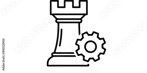 Vector illustration of rook chess piece with gear—symbol for strategy, configuration, engineering, planning, and tactical decision-making reference