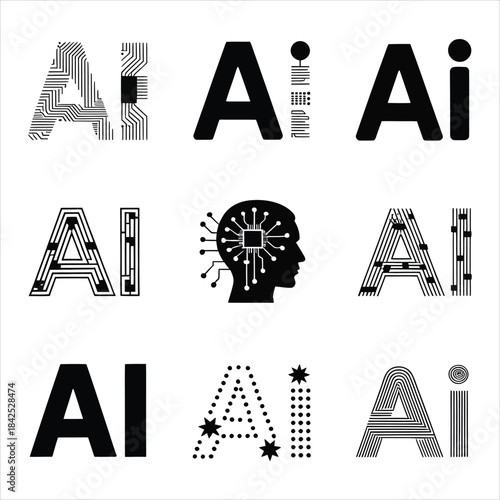 Nine distinct black and white graphical interpretations of the AI abbreviation for technology
