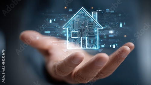 Digital Home Ownership: A hand gently cradles a glowing digital representation of a house, symbolizing the concept of smart home technology, real estate investment, and future home ownership.