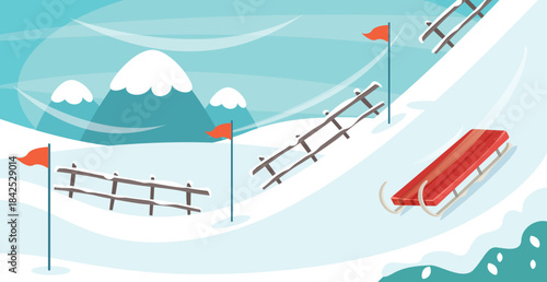Winter landscape illustration with snowy hills, red flags, wooden fences, and a red sled gliding down a slope. Minimal, clean, pastel-colored design perfect for winter sports, holidays, and seasonal g