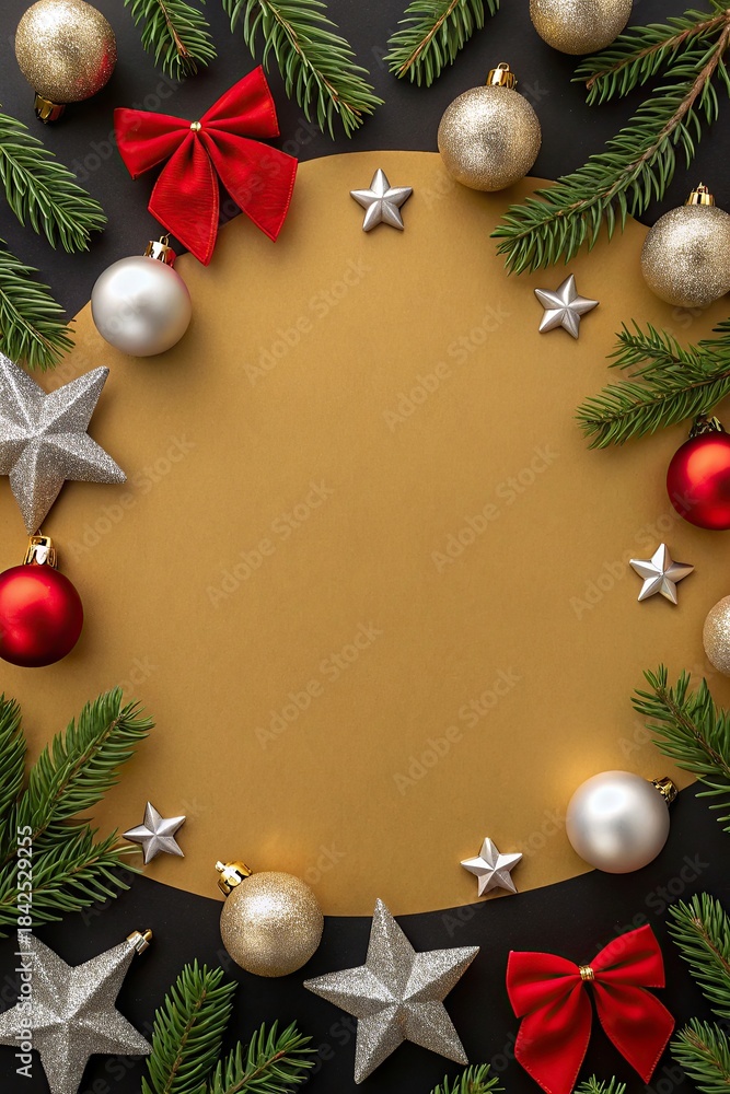 Obraz premium Christmas greeting card with fir tree branches, cones and garland lights on black background. Top view with copy space