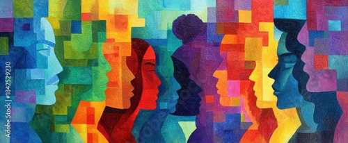 Stylized profiles of diverse people form a colorful mosaic of humanity, diverse