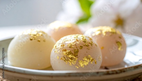 Fototapeta Naklejka Na Ścianę i Meble -  金箔をのせた和菓子が皿の上で輝く高級感ある食品構図