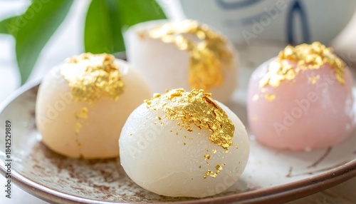 Fototapeta Naklejka Na Ścianę i Meble -  金箔で飾られた和菓子が光沢を放つ高級な甘味食品の一皿