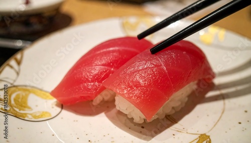 Fototapeta Naklejka Na Ścianę i Meble -  箸で持ち上げられたまぐろの寿司が美しい赤身を見せる新鮮グルメ食品