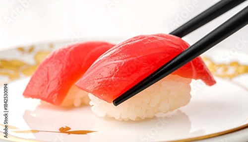 Fototapeta Naklejka Na Ścianę i Meble -  鮮やかなまぐろの寿司が箸でつままれる瞬間を捉えた和食グルメ